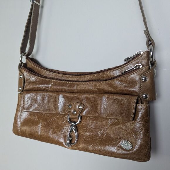 90s Leather Shoulder Bag, Shiny Light Brown Tan, The Trend Italy, Multiple Zippe - Picture 1 of 12